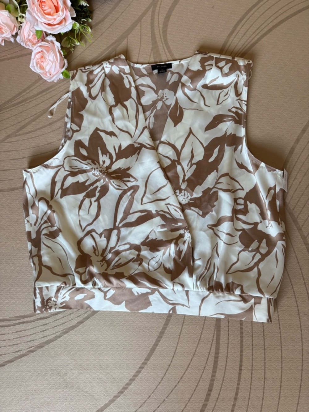 Halogen Brown and White Floral Wrap-Style Camisole